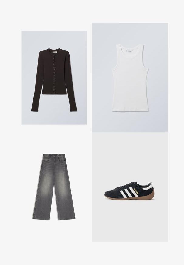 Cardigan noir à manches longues en tissu doux, avec un col rond et une fermeture à boutons à l'avant avec des boutons en métal.; Débardeur en coton blanc avec un col rond et des bretelles larges. Présente une texture côtelée et un ourlet droit. Étiquette affichée sur le col.; Jean en denim gris à taille haute avec jambes larges, détails délavés, bouton et fermeture éclair à l'avant, et poches, sur un fond blanc.; Baskets en daim noir avec trois bandes blanches, semelle en caoutchouc beige, et un petit logo doré sur le côté. Dotées d'une doublure intérieure noire lisse.