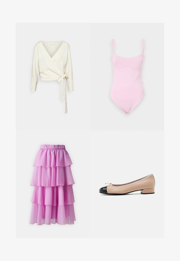 White, wrap-style sweater made of soft, textured fabric. Features a deep V-neck and long sleeves with a tie detail at the waist.; Good American TANK - Top - flora; Long pink skirt made of layered, sheer fabric. Features a ruffled design with an elastic waistband and flowing, lightweight texture.; Low-heeled women's ballet flat with beige leather upper, black patent toe cap, beige trim, and a small bow on top.