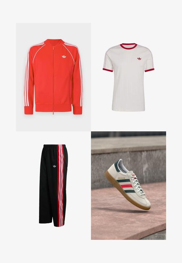 Rød zip-up træningsjakke med hvide tre-stribede detaljer på ærmerne og hvidt Adidas trefoil-logo på venstre bryst.; Hvid t-shirt med korte ærmer med rød krave og ærmekanter, tynde røde striber på skuldrene og rødt Adidas trefoil-logo på brystet.; Sorte mesh-bukser med bred pasform, røde og hvide stribede sidel paneler og et lille hvidt logo på venstre side. Elastisk taljebånd.; Hvid Adidas sneaker med grønne og røde striber, gummisål og "SPEZIAL" branding, der svæver over stensat belægning.