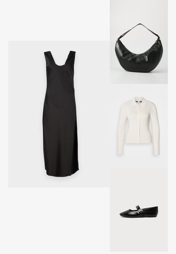 Cardigan crème à côtes avec des manches longues, un col et des fermetures à boutons. Caractérisé par une texture douce et une coupe ajustée.; Robe sans manches noire avec un décolleté en V profond, fabriquée en tissu lisse. Présente une silhouette ajustée et arrive au genou sans motifs.; Chaussure plate Mary Jane en cuir noir avec bout arrondi et bride à boucle argentée sur fond uni.; Sac à épaule en cuir noir, de forme courbée, avec une texture douce et une seule sangle; il comporte une fermeture éclair dorée et un logo discret.