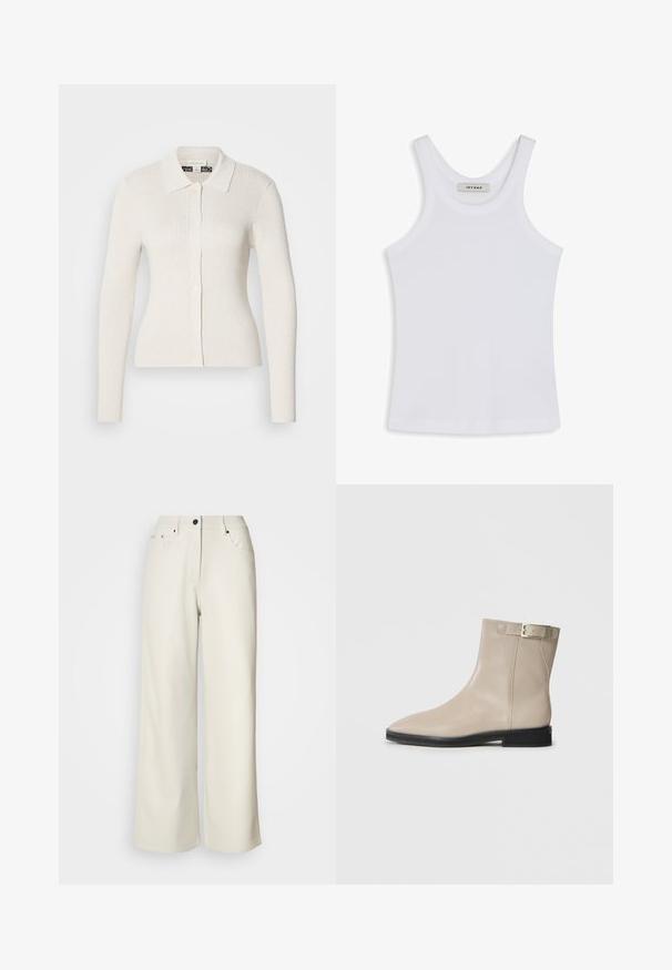 Cardigan crème à côtes avec des manches longues, un col et des fermetures à boutons. Caractérisé par une texture douce et une coupe ajustée.; Débardeur blanc en tissu lisse, avec un col rond et des bretelles larges, comportant une étiquette à l'intérieur indiquant "IVY OAK".; Pantalons larges de couleur crème en tissu lisse. Dotés d'une taille mi-haute, d'une fermeture éclair et de deux poches avant avec des accents en matériel noir.; Bottes en cuir beige à la cheville avec un bout pointu, semelle noire, talon bas et une sangle à boucle dorée sur le côté externe, présentées sur un fond blanc.