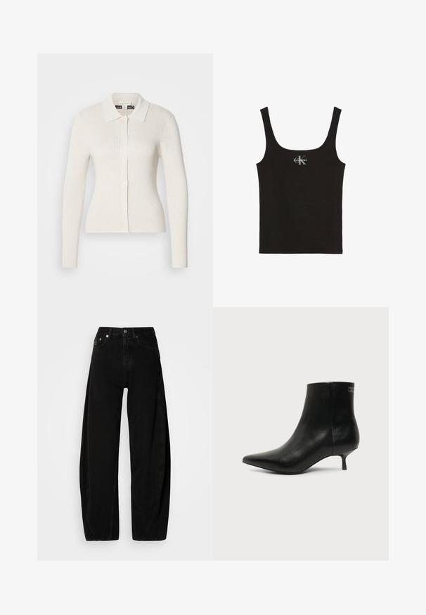Cardigan crème à côtes avec des manches longues, un col et des fermetures à boutons. Caractérisé par une texture douce et une coupe ajustée.; Débardeur en coton noir avec un col rond dégagé et de larges bretelles. Présente un petit logo "Calvin Klein" imprimé sur le devant.; Pantalons larges en denim noir à taille haute, avec une fermeture à boutons, cinq poches et des détails de couture minimalistes.; Bottine en cuir noir avec bout pointu et petit talon kitten sur fond clair, vue côté extérieur.