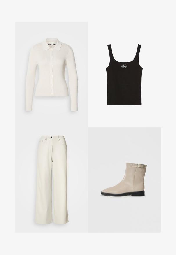 Cardigan crème à côtes avec des manches longues, un col et des fermetures à boutons. Caractérisé par une texture douce et une coupe ajustée.; Débardeur en coton noir avec un col rond dégagé et de larges bretelles. Présente un petit logo "Calvin Klein" imprimé sur le devant.; Pantalons larges de couleur crème en tissu lisse. Dotés d'une taille mi-haute, d'une fermeture éclair et de deux poches avant avec des accents en matériel noir.; Bottes en cuir beige à la cheville avec un bout pointu, semelle noire, talon bas et une sangle à boucle dorée sur le côté externe, présentées sur un fond blanc.