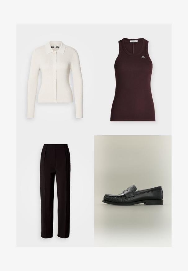 Cardigan crème à côtes avec des manches longues, un col et des fermetures à boutons. Caractérisé par une texture douce et une coupe ajustée.; Débardeur côtelé marron foncé sans manches avec un col rond et un petit logo crocodile vert sur la poitrine gauche.; Pantalon noir sur mesure avec une coupe droite, présentant une texture lisse, des plis à l'avant et une taille haute pour un aspect structuré.; Mocassin penny en cuir noir avec détail plissé au bout et talon bas empilé, vu de côté sur un fond neutre.