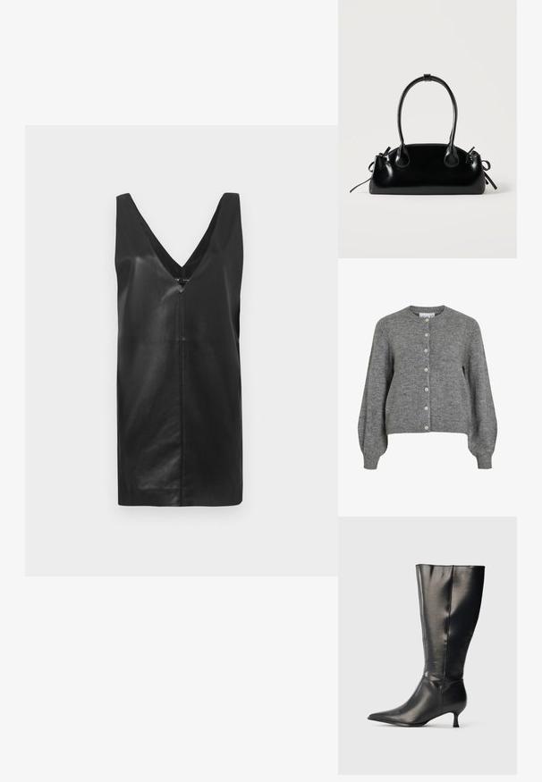 Cardigan en tricot gris avec col rond, longues manches bouffantes, poignets et ourlet côtelés, fermeture à boutons à l'avant avec sept boutons blancs.; Robe en cuir sans manches noire avec décolleté en V profond et détail de couture centrée, présentée sur un fond blanc uni.; Botte en cuir noire montant jusqu'au genou, avec un bout pointu et un petit talon bas, présentée sur un fond clair uni.; Petit sac à main noir brillant avec deux longues anses et des détails à cordon sur les côtés sur un fond clair uni.