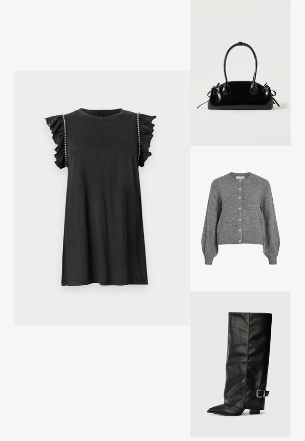 Cardigan gris de punto con cuello redondo, mangas largas abullonadas, puños y dobladillo acanalados, cierre frontal con siete botones blancos.; Vestido negro sin mangas con bordes fruncidos y adornos de pedrería a lo largo de las aberturas de los brazos, con escote redondo.; Botas de cuero negro hasta el tobillo con punta afilada, textura suave y un detalle de hebilla plateada en el lado. Tacón cuadrado grueso.; Pequeño bolso negro brillante con dos asas largas y detalles de cordón lateral sobre un fondo claro liso.