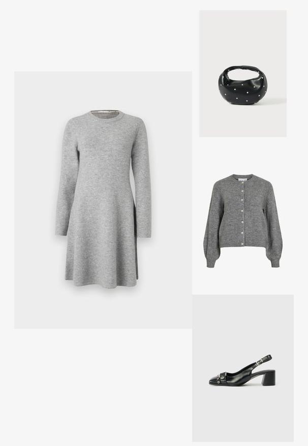 Grå strikket cardigan med rund hals, lange puffede ærmer, ribbede manchetter og kant, foran knaplukning med syv hvide knapper.; Grå langærmet kjole lavet af blødt stof; har en rund halsudskæring og en afslappet pasform, der flarer let ved kanten med sideslids.; Sorte læder slingback hæl med spids tå, tekstureret rem med cirkulære metalliske accenter, og en stablet blokhæl.; Sort læderhåndtaske med en rundet form, dekoreret med sølvnitter, og et kort håndtag. Glat tekstur og lynlåslukning.