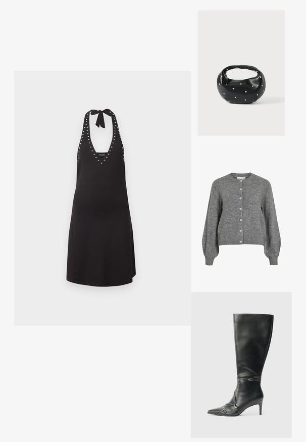 Cardigan en tricot gris avec col rond, longues manches bouffantes, poignets et ourlet côtelés, fermeture à boutons à l'avant avec sept boutons blancs.; Robe noire dos-nu avec bordure œillets argentés le long de l'encolure et des côtés, nouée au niveau du cou avec un nœud.; Bottes noires en cuir montant jusqu'au genou, avec un talon fin, un bout pointu et des détails de lanière à la cheville. Texture lisse et design ajusté.; Sac à main en cuir noir de forme arrondie, décoré de clous argentés et équipé d'une poignée courte. Texture lisse et fermeture éclair.