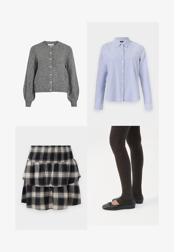 Cardigan gris de punto con cuello redondo, mangas largas abullonadas, puños y dobladillo acanalados, cierre frontal con siete botones blancos.; Camisa de manga larga con botones, con rayas verticales blancas y azul claro y cuello puntiagudo, mostrada sobre un fondo liso.; Falda de cuadros en blanco y negro con cintura fruncida. Presenta capas con volantes y una textura suave de algodón.; Piernas con leggings oscuros acanalados combinados con bailarinas negras que presentan pequeños detalles de lazo sobre un fondo blanco.