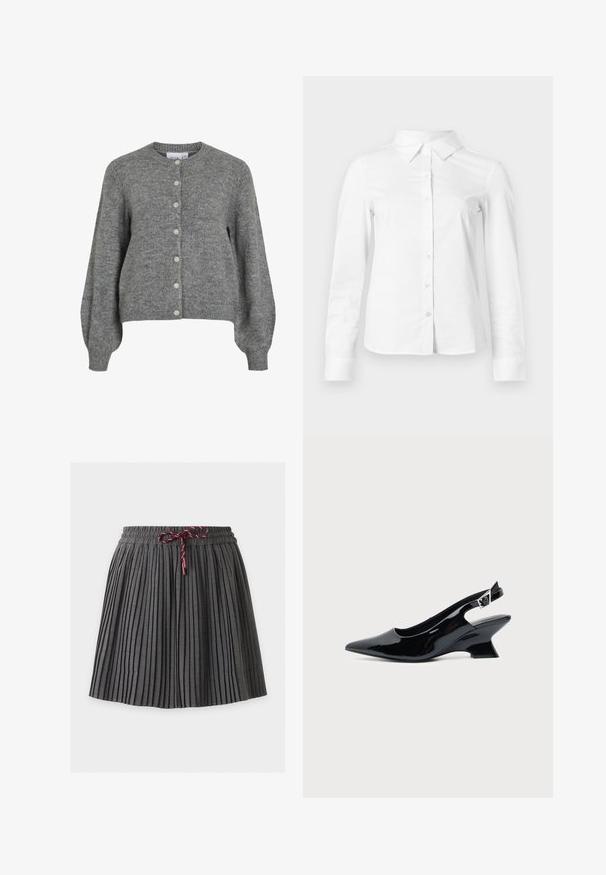 Grå strikket cardigan med rund hals, lange puffede ærmer, ribbede manchetter og kant, foran knaplukning med syv hvide knapper.; Hvid skjorte med lange ærmer, knapper, spids krave, lige kant og tætsiddende silhuet, vist på en ensartet lys baggrund.; Mørkegrå plisseret nederdel med elastik i taljen og en bundet vinrød snor foran i midten.; Sort laklæder slingback sko med spids tå og lav vinklet blokhæl på ensartet lys baggrund.