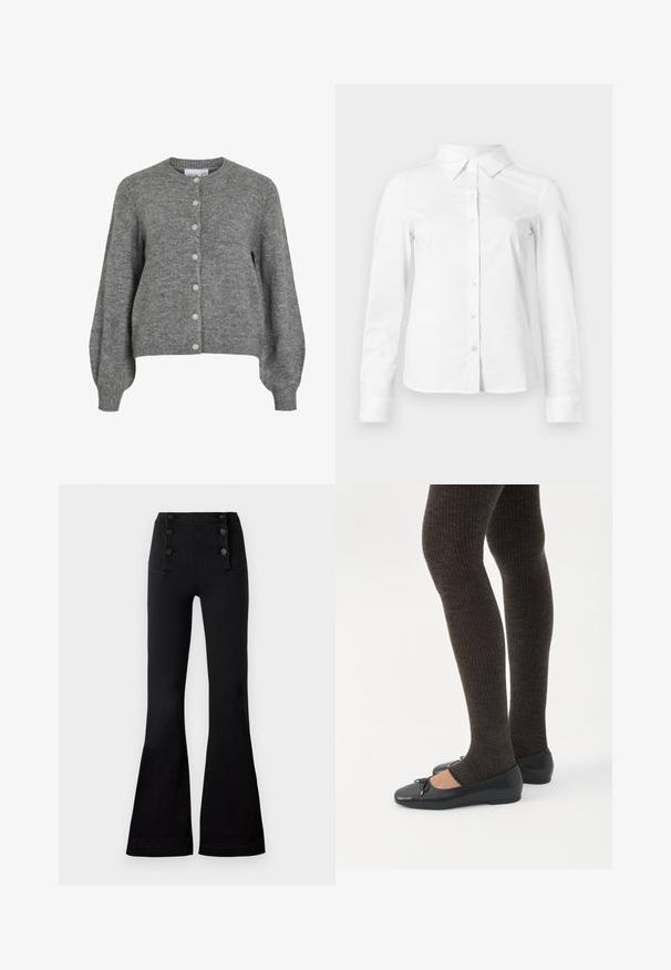 Grijze gebreide cardigan met ronde hals, lange puffmouwen, geribde manchetten en zoom, en een voor sluiting met zeven witte knopen.; Witte blouse met lange mouwen en knopen, met puntige kraag, rechte zoom en aansluitende silhouet, weergegeven op een effen lichte achtergrond.; Zwarte flared jeans met een hoge tailleband, voorzien van vier decoratieve knopen aan de voorkant en een gladde textuur.; Benen met donkere geribbelde leggings gecombineerd met zwarte ballerina's met kleine strikdetails op een witte achtergrond.