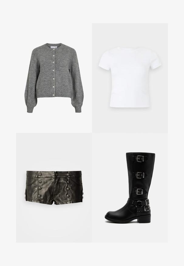 Grå strikket cardigan med rund hals, lange puffede ærmer, ribbede manchetter og kant, foran knaplukning med syv hvide knapper.; Hvid kortærmet t-shirt med rund hals vist på en neutral lys grå baggrund.; Sorte lavtaljede lædershorts med dekorative metalknapper foran og på siderne, med forlommer og syningsdetaljer.; Sort støvle i læder til midt på læggen med fire justerbare metalspænder og en lav blokhæl på hvid baggrund.