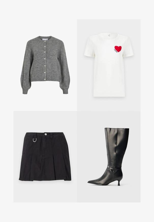 Cardigan gris de punto con cuello redondo, mangas largas abullonadas, puños y dobladillo acanalados, cierre frontal con siete botones blancos.; Camiseta blanca de manga corta con un corazón rojo y la palabra "AMOUR" impresa en el área del pecho izquierdo.; Falda negra plisada de algodón, con cierre de botones en la parte delantera, lazos para cinturón y un acento en forma de D en la cinturilla.; Bota negra de cuero hasta la rodilla, con punta afilada y tacón bajo tipo kitten, mostrada sobre un fondo claro y sencillo.