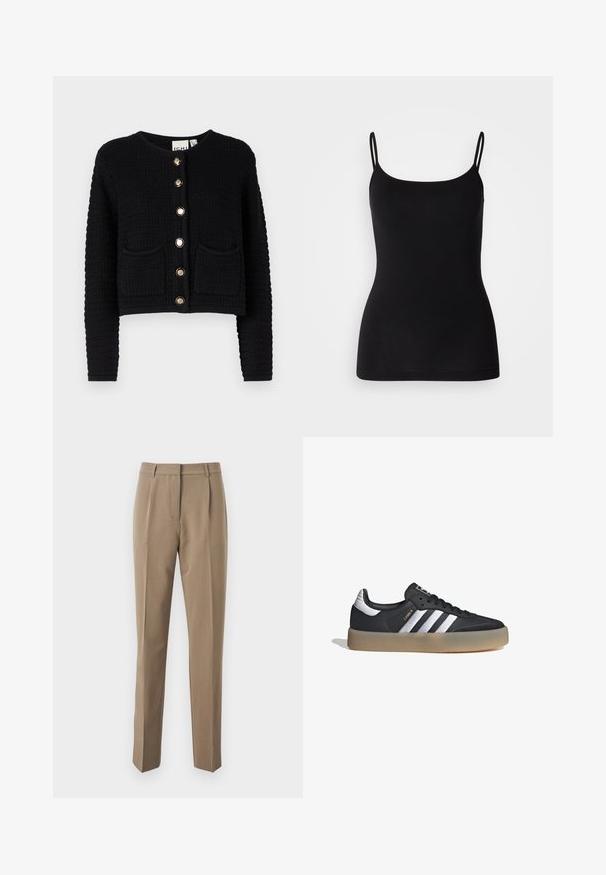 Cárdigan corto negro con un diseño de punto texturizado, con mangas largas, dos bolsillos frontales y botones en tono dorado en el centro.; Camiseta de tirantes finos en color negro, fabricada en un tejido elástico y suave, con una silueta ajustada. Sin estampados ni adornos.; Pantalones marrones ajustados hechos de una tela suave, que presentan un diseño de pierna recta, pliegues frontales y una cinturilla con presillas para cinturón.; Zapatilla deportiva de cuero negro con tres rayas plateadas, punta texturizada y suela de goma. Cuenta con un collar acolchado y un diseño con cordones.