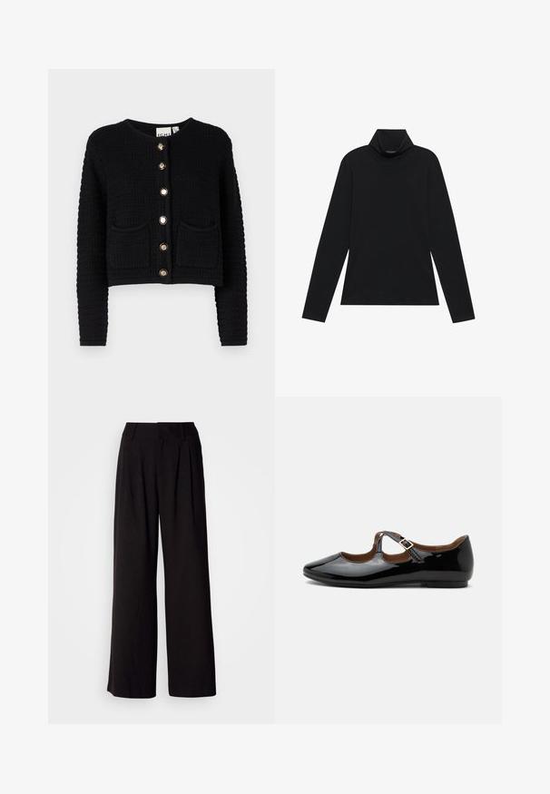 Cardigan noir court avec un design en tricot texturé, présentant des manches longues, deux poches avant et des boutons dorés au centre.; Turtleneck à manches longues noir. Tissu doux, design près du corps, col montant et coutures latérales. Style simple et polyvalent, idéal pour le superposition.; Pantalon large noir en tissu lisse, avec des plis à l'avant, une taille ajustée, et sans motifs ni accents visibles.; Chaussure plate Mary Jane en cuir verni noir avec deux découpes et une bride à boucle dorée sur fond blanc.