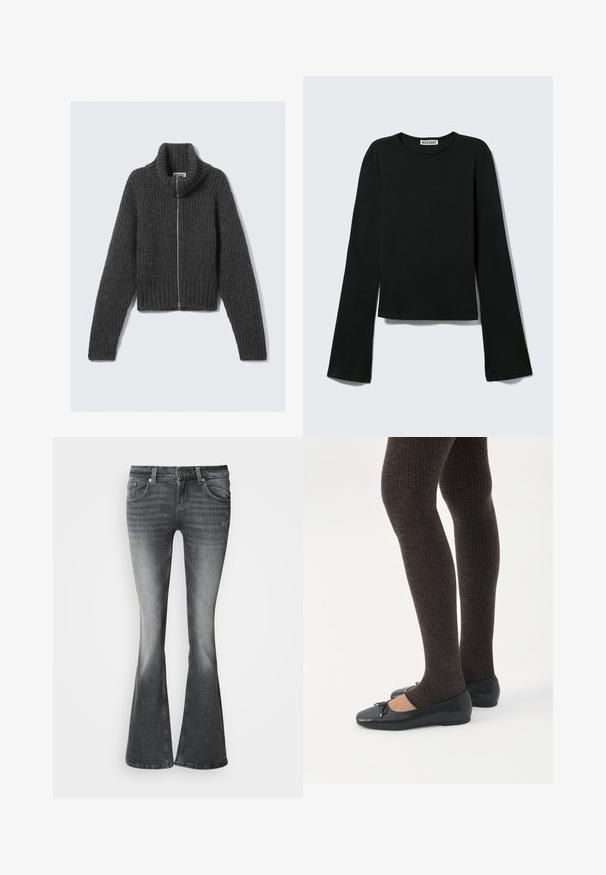 Pull en maille épaisse gris foncé avec zip, col haut et manches longues, posé à plat sur un fond clair.; T-shirt noir à manches longues avec col rond, silhouette ajustée et manches légèrement évasées, étiqueté avec la marque "Weekday" au niveau de l'encolure.; Jean en denim gris foncé délavé avec légère usure, style à cinq poches et jambes évasées.; Jambes portant des leggings côtelés foncés associés à des ballerines noires avec de petits détails en nœud sur fond blanc.