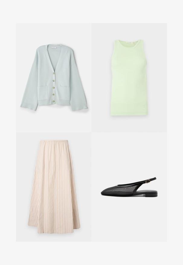 Lysegrøn cardigan med V-hals, lange ærmer, frontlommer og seks runde knapper. Glat tekstur og afslappet pasform.; Ærmeløs lysegrøn tanktop med rund halsudskæring, glat stof og diskret logodetalje ved nederste kant.; Beige A-line nederdel med hvide vertikale striber, elastisk talje og længde fra knæ til midt på læggen.; Sort slingback flad sko med spids tå, mesh overdel, justerbar spænde rem og lav stablet hæl på hvid baggrund.