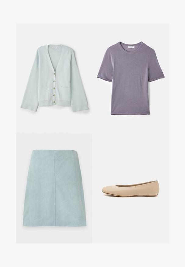 Lysegrøn cardigan med V-hals, lange ærmer, frontlommer og seks runde knapper. Glat tekstur og afslappet pasform.; Lilla kortærmet t-shirt lavet af blødt stof, med en rund hals og en lige kant, med en glat tekstur og uden synlige mønstre.; Lyseblå ruskind A-linje nederdel med en central søm, knælængde og en glat tekstur på en ensfarvet baggrund.; Beige læder balletflade med afrundet tå, minimal sømdetaljering, lav hæl og subtilt logo på bagsiden. Glat, mat tekstur.