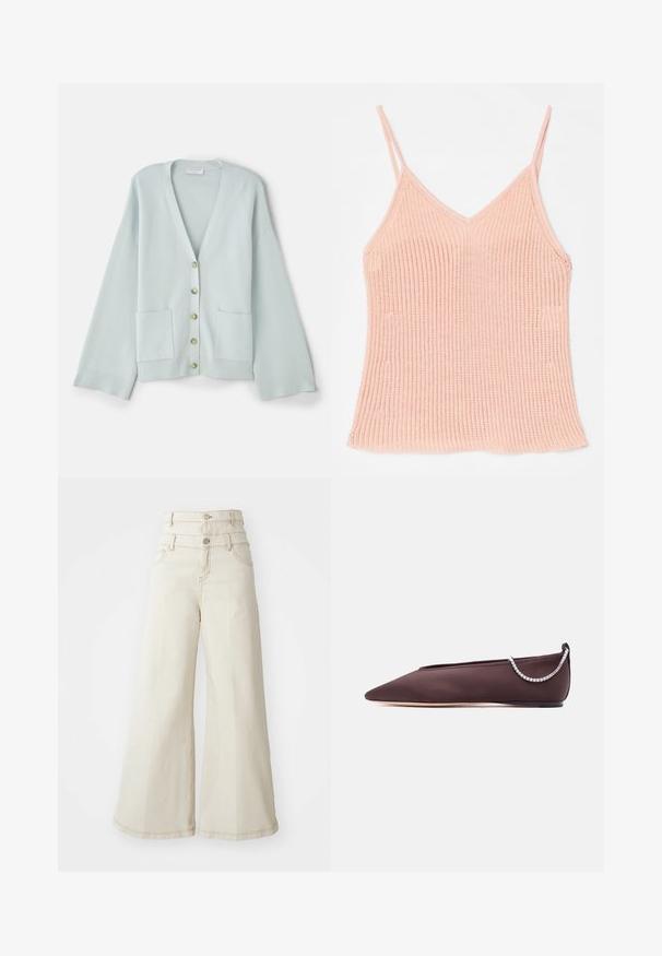 Lysegrøn cardigan med V-hals, lange ærmer, frontlommer og seks runde knapper. Glat tekstur og afslappet pasform.; Peachfarvet strikket tanktop med tynde justerbare stropper, V-halsdesign, ribbet tekstur og lige kant.; Bredde-beige jeans med høj talje, der har to knaplukninger og forlommer. Fremstillet af et tekstureret bomuldsstof.; Mørkebrun flad sko med spids tå, lav hæl og en sølvfarvet rhinstenkæde detalje bagpå.