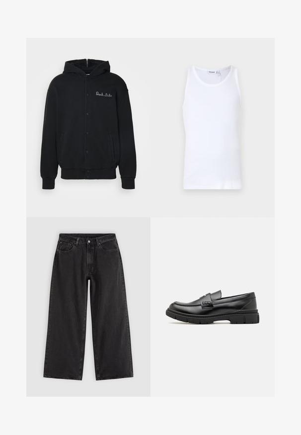 Sort hættejakke lavet af blødt stof, med trykknaplukning foran og sidelommer. Broderet "Dark Side" tekst på brystet.; Hvid bomulds tanktop med rund hals og brede stropper. Glat tekstur, ingen mønstre, enkelt design og mærkeetiket på halsudskæringen.; Sorte denim jeans med vide ben, forlommer, bæltestropper og knaplukning, vist på en ensfarvet lys baggrund.; Sort læder loafersko med en bred rem over forfoden, gummisål med tykke mønstre og glat overflade. Klassisk, slankt design.