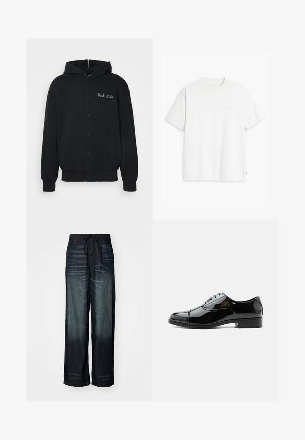 Zwarte hoodie van zacht materiaal, met een voorste drukknoopsluiting en zijzakken. Geborduurde tekst "Dark Side" op de borst.; Wit katoenen T-shirt met korte mouwen, ronde hals en een subtiel "Levi's" logo in een lichte kleur op de voorkant gedrukt.; Wijdvallende broek van donker denim met een geleidelijke vervaging. Heeft een elastische tailleband met een trekkoord. Gladde textuur met subtiele slijtagepatronen.; Zwarte lakleren herenschoenen met gesloten vetersluiting en een lage hak, zijaanzicht op een witte achtergrond.