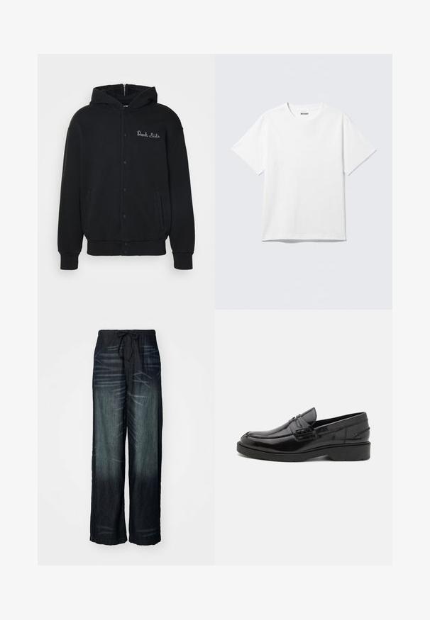 Sudadera negra de tejido suave, con cierre de botones a presión en la parte delantera y bolsillos laterales. Texto bordado "Dark Side" en el pecho.; Camiseta blanca de manga corta con cuello redondo, colocada plana, diseño liso, con etiqueta "WEEKDAY" en el interior del cuello sobre un fondo claro.; Pantalones de pierna ancha en denim oscuro con un desvanecimiento gradual. Cuentan con una cinturilla elástica con cordón. Textura suave con patrones de desgaste sutiles.; Mocasines de cuero negro con un acabado suave, punta redondeada, tacón bajo y costura decorativa en la parte delantera. Suela de goma para mayor agarre.