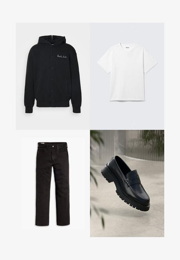Sort hættejakke lavet af blødt stof, med trykknaplukning foran og sidelommer. Broderet "Dark Side" tekst på brystet.; Hvid kortærmet crewneck T-shirt lagt fladt ud, ensfarvet design, med "WEEKDAY" mærkat inde i kraven på en lys baggrund.; Sorte lige bukser i denim med fem lommer, knaplukning og bæltestropper, lagt fladt ud på en hvid baggrund.; Sorte læder loafers med en chunky sål, der har en dekorativ rem og syninger. Glat tekstur med en poleret overflade.