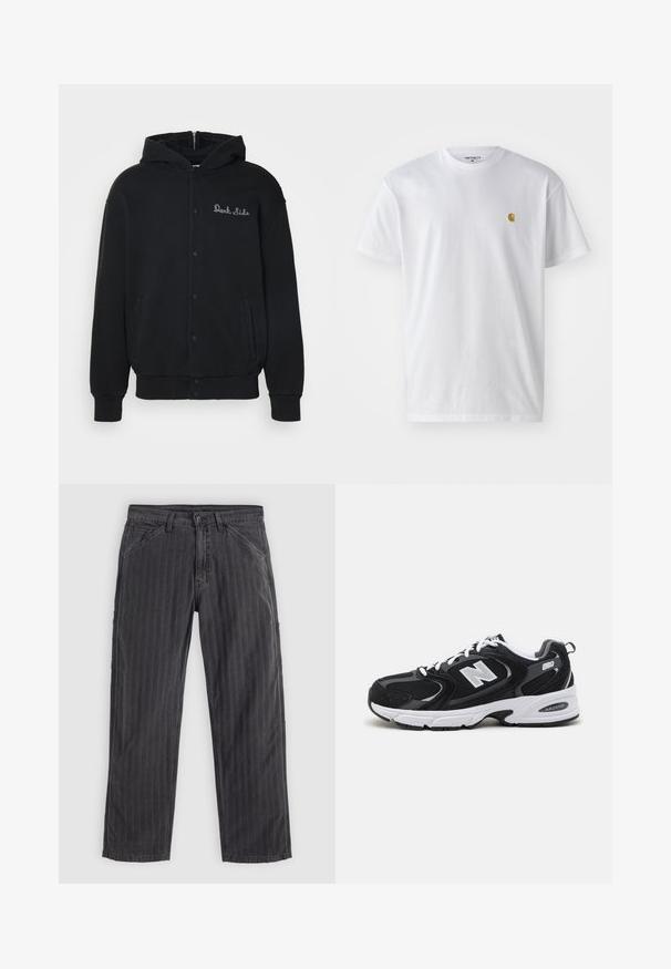 Sort hættejakke lavet af blødt stof, med trykknaplukning foran og sidelommer. Broderet "Dark Side" tekst på brystet.; Hvid bomulds t-shirt med korte ærmer, rund hals og et lille guld logo på venstre brystområde. Blød tekstur og almindelig pasform.; Sortstribede bukser lavet af bomuldsblandingsstof. Har et lige ben-design, sidelommer og en knaplukning.; Sorte og grå sportssko med mesh og ruskind på overdelen, der har en hvid mellemsål, snørebånd og et iøjnefaldende "N" logo på siden.