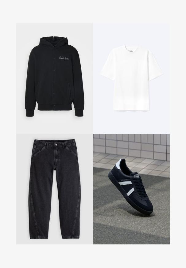 Sort hættejakke lavet af blødt stof, med trykknaplukning foran og sidelommer. Broderet "Dark Side" tekst på brystet.; Enkel hvid T-shirt med korte ærmer og rund hals med afslappet pasform, vist på en lys baggrund.; Sorte denimjeans med løs pasform, der har en standard-taljebånd, femlomme-design og kontrastsyning langs sømmene.; Sort lædersneaker med hvide striber, tekstureret gummisål og snørrebånd foran. Har et brandet mærke på tungen.