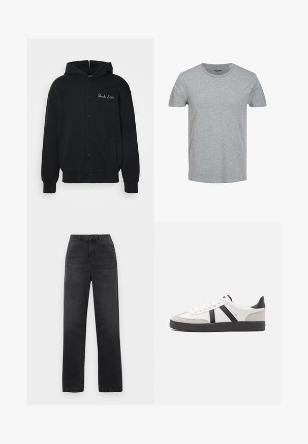 Sort hættejakke lavet af blødt stof, med trykknaplukning foran og sidelommer. Broderet "Dark Side" tekst på brystet.; Grå kortærmet T-shirt lavet af blød bomuld. Har en klassisk rund halsudskæring og en regulær pasform. Enkel design uden mønstre eller detaljer.; Højtaljede sorte jeans i bomuldsdenim med lige ben, med forlommer og en enkelt knaplukning. Glat tekstur.; Hvide sneakers med sorte og grå detaljer, med en tekstureret grå tåhætte, sort gummisål og flade hvide snørebånd. Rent design, minimalistisk stil.