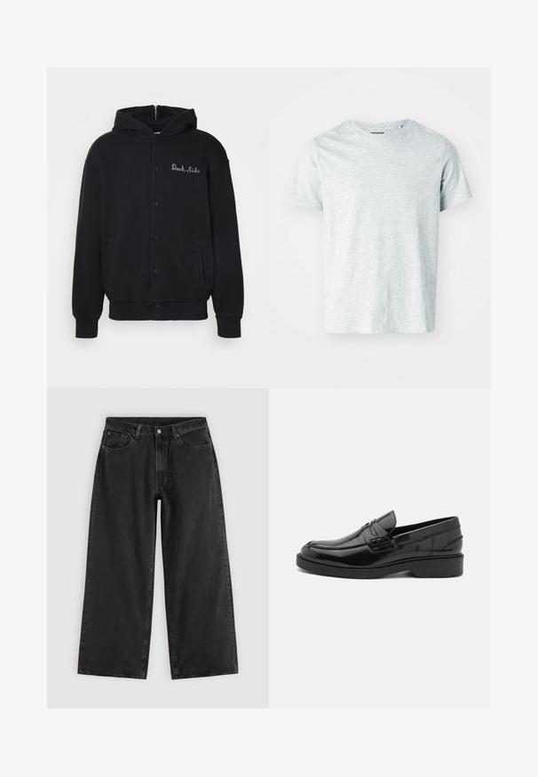 Sudadera negra de tejido suave, con cierre de botones a presión en la parte delantera y bolsillos laterales. Texto bordado "Dark Side" en el pecho.; Camiseta de manga corta gris claro, confeccionada en una tela suave, con cuello redondo y un corte ligeramente relajado. Sin patrones ni gráficos visibles.; Vaqueros negros de pierna ancha con bolsillos delanteros, trabillas para cinturón y cierre de botones, mostrados sobre un fondo liso y claro.; Mocasines de cuero negro con un acabado suave, punta redondeada, tacón bajo y costura decorativa en la parte delantera. Suela de goma para mayor agarre.