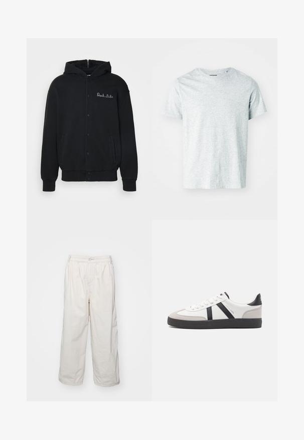Sort hættejakke lavet af blødt stof, med trykknaplukning foran og sidelommer. Broderet "Dark Side" tekst på brystet.; Lys grå, kortærmet t-shirt lavet af blødt stof, med en rund hals og en let afslappet pasform. Ingen synlige mønstre eller grafik.; Hvide bomulds bukser med brede ben og elastisk talje, med en frontknaplukning og sidelommer. Glat tekstur og minimalistisk design.; Hvide sneakers med sorte og grå detaljer, med en tekstureret grå tåhætte, sort gummisål og flade hvide snørebånd. Rent design, minimalistisk stil.