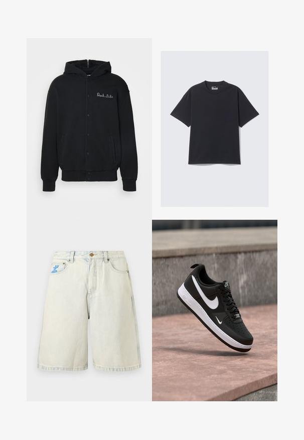 Sudadera negra de tejido suave, con cierre de botones a presión en la parte delantera y bolsillos laterales. Texto bordado "Dark Side" en el pecho.; Camiseta de algodón negra con cuello redondo clásico, mangas cortas y un ajuste relajado. Textura suave con detalles de costura mínimos.; Pantalones cortos de mezclilla azul claro con bolsillos delanteros, trabillas para cinturón y un pequeño logo azul en el bolsillo izquierdo.; Zapatilla Nike Air Force 1 en blanco y negro suspendida sobre una superficie de concreto rosa con un fondo de piedra gris.
