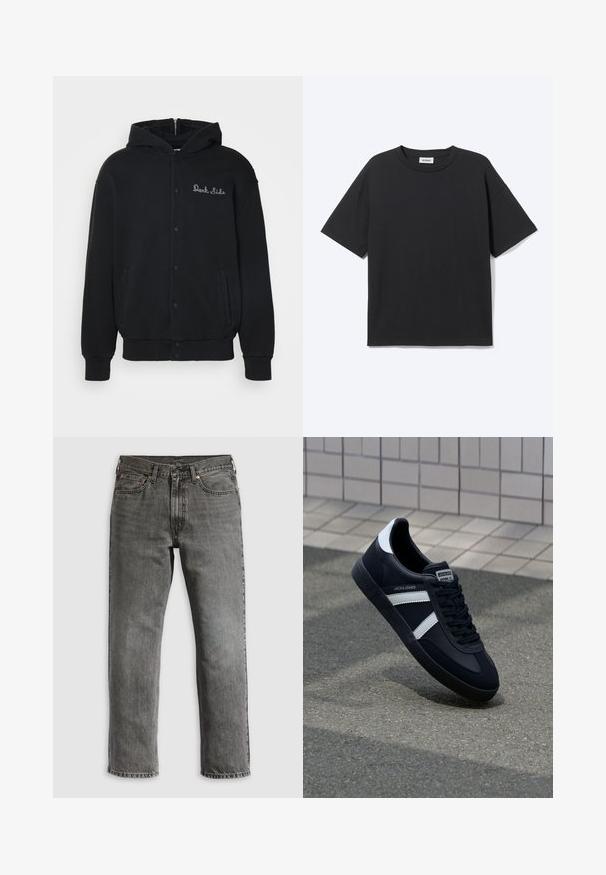 Zwarte hoodie van zacht materiaal, met een voorste drukknoopsluiting en zijzakken. Geborduurde tekst "Dark Side" op de borst.; Zwart T-shirt met korte mouwen en ronde hals met een ontspannen pasvorm, vooraanzicht, effen ontwerp en zichtbaar Weekday-merklabel binnenin de kraag.; Grijze denim jeans met een rechte pijp, voorzien van vijf zakken, koperen klinknagels en zichtbare stiksels. Klassiek ontwerp met een ritssluiting.; Zwarte leren sneaker met witte strepen, een gestructureerde rubberen zool en vetersluiting aan de voorkant. Voorzien van een merklabel op de tong.