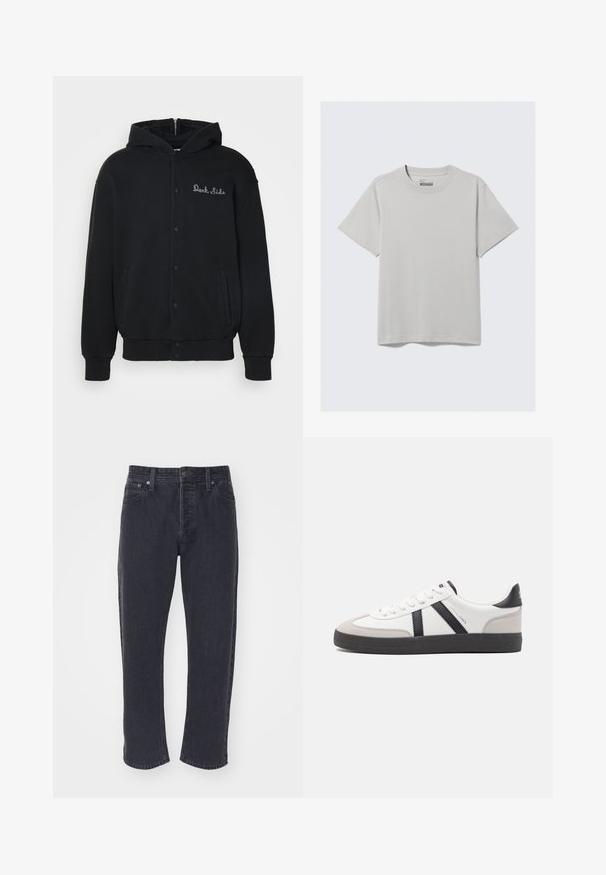 Sudadera negra de tejido suave, con cierre de botones a presión en la parte delantera y bolsillos laterales. Texto bordado "Dark Side" en el pecho.; Camiseta de algodón gris claro con cuello redondo y mangas cortas, que presenta un diseño minimalista y un corte relajado. Sin estampados ni acentos.; Jeans de mezclilla gris oscuro con corte recto, cinco bolsillos y herrajes metálicos. Presenta costuras de contraste y una textura ligeramente desgastada.; Zapatilla blanca con acentos en negro y gris, que presenta una puntera texturizada en gris, suela de goma negra y cordones planos blancos. Diseño limpio, estilo minimalista.