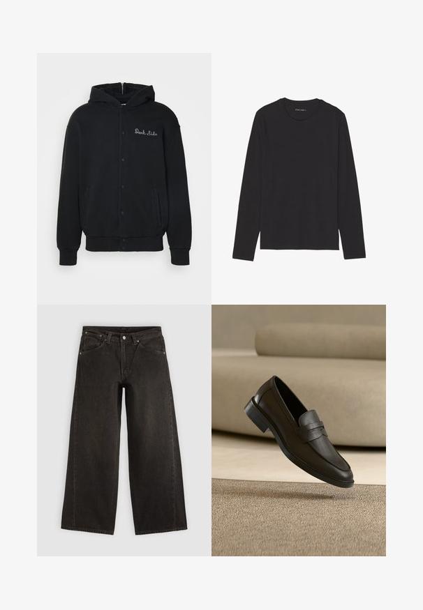 Sort hættejakke lavet af blødt stof, med trykknaplukning foran og sidelommer. Broderet "Dark Side" tekst på brystet.; Sort langærmet t-shirt lavet af blødt, let stof. Har rund halsudskæring og lige kant. Ingen synlige mønstre eller detaljer.; Sorte vidbenede denimjeans med forlommer, knaplukning og bæltestropper, vist fladt på en lys baggrund.; Sort læder loafer sko, der hviler på et beige tæppe med en buet beige sofa i baggrunden.