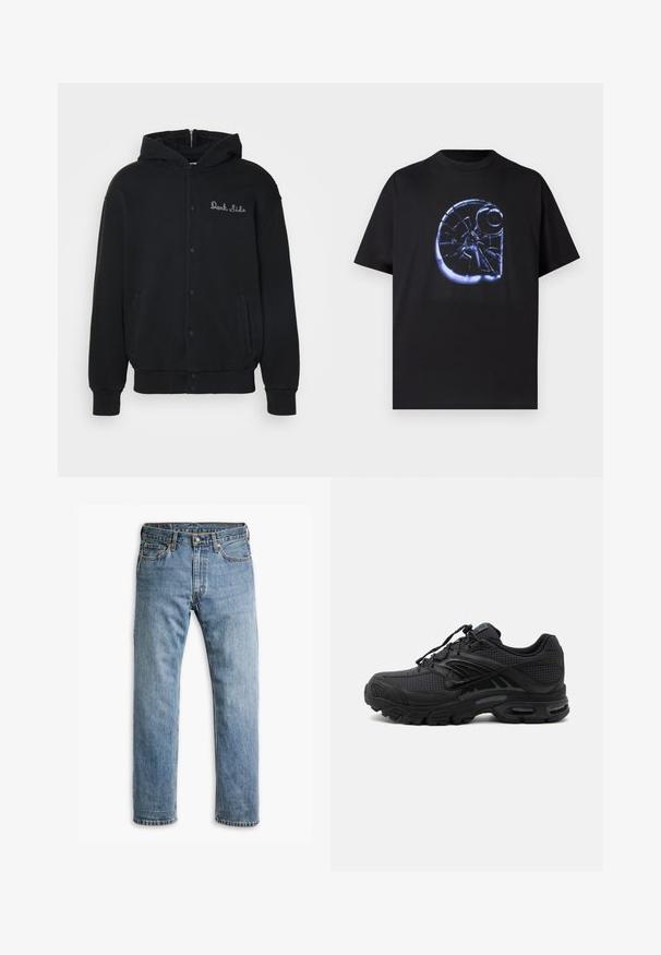 Sudadera negra de tejido suave, con cierre de botones a presión en la parte delantera y bolsillos laterales. Texto bordado "Dark Side" en el pecho.; Camiseta negra con un gran gráfico que presenta un patrón de vidrio roto en azul, mangas cortas, cuello redondo, hecha de algodón suave.; Jeans de mezclilla azul de pierna recta con cinco bolsillos, pasadores para cinturón y cierre de botón de metal sobre un fondo blanco.; Zapatilla deportiva negra con tejido texturizado, suela gruesa y acolchada, ventilaciones y cierre con cordones, mostrada de lado sobre un fondo claro.