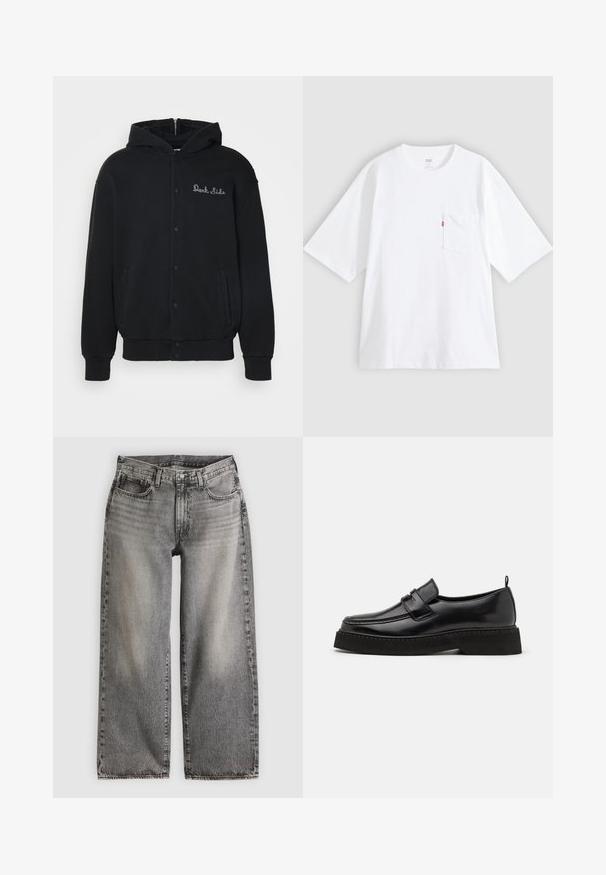 Sort hættejakke lavet af blødt stof, med trykknaplukning foran og sidelommer. Broderet "Dark Side" tekst på brystet.; Hvid bomulds-T-shirt med korte ærmer, rund hals og lomme på venstre bryst. Har en lille rød logoetiket på lommen.; Vidbenede jeans i falmet sort denim, med høj talje, fem lommer og diskrete syningsdetaljer langs sømmene.; Sorte læder loafersko i stil med flad, tekstureret sål, med en syet tå og en rem over vristen.
