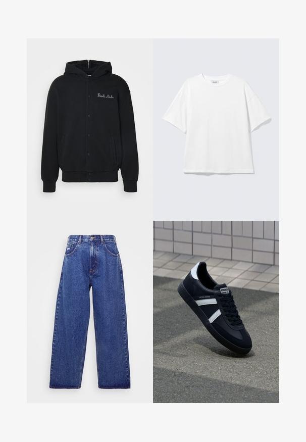 Sudadera negra de tejido suave, con cierre de botones a presión en la parte delantera y bolsillos laterales. Texto bordado "Dark Side" en el pecho.; Camiseta blanca de gran tamaño con mangas cortas, cuello redondo y hombros caídos, plana sobre fondo gris claro.; Jeans de denim azul de pernera ancha con una cintura alta, que cuentan con cinco bolsillos, un cierre de botón y un ligero desgastado para dar textura.; Zapatilla de cuero negra con rayas blancas, suela de goma texturizada y parte frontal con cordones. Cuenta con una etiqueta de marca en la lengüeta.