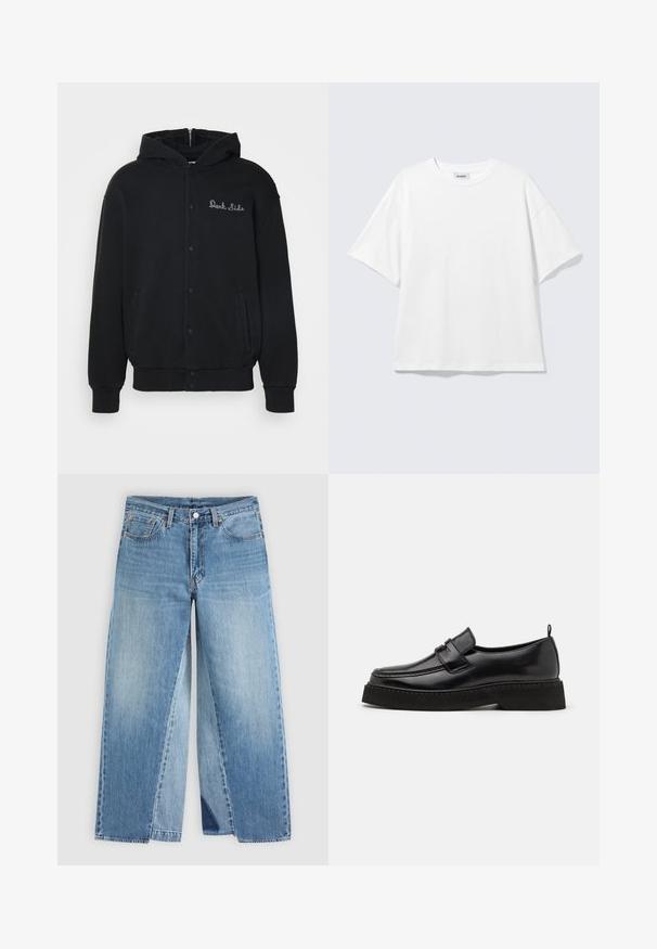 Sudadera negra de tejido suave, con cierre de botones a presión en la parte delantera y bolsillos laterales. Texto bordado "Dark Side" en el pecho.; Camiseta blanca de gran tamaño con mangas cortas, cuello redondo y hombros caídos, plana sobre fondo gris claro.; Vaqueros de mezclilla azul con pierna recta, diseño clásico de cinco bolsillos y cierre frontal con botones, mostrados planos sobre un fondo neutro.; Zapatos estilo mocasín de cuero negro con suela plana y texturizada, con puntera cosida y una correa a lo largo del empeine.