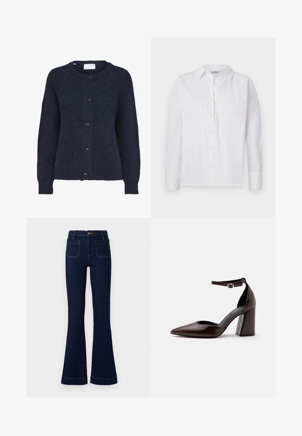 Cárdigan de punto azul marino con mangas largas y cinco botones negros en la parte delantera, con cuello redondo.; Camisa blanca de botones hecha de algodón, con mangas largas, un cuello clásico y detalles de costura sutiles.; Jeans acampanados de un azul oscuro con cintura alta, cinco bolsillos y costuras en contraste. Hechos de tela de mezclilla con una textura suave.; Zapato de tacón alto de cuero marrón oscuro con punta puntiaguda, correa en el tobillo y hebilla plateada sobre fondo blanco.