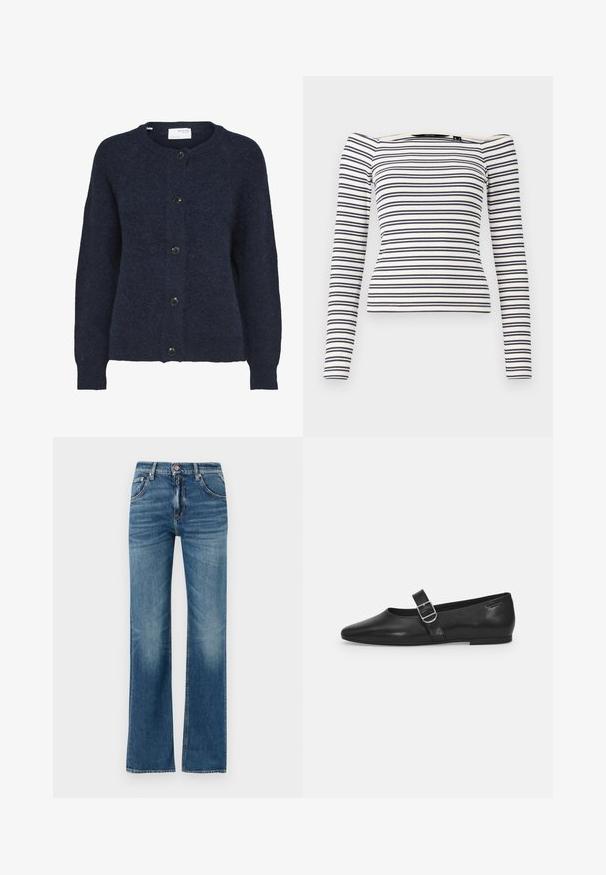 Cardigan en maille bleu marine avec manches longues et cinq boutons noirs sur le devant, avec un col rond.; Haut à manches longues rayé avec un design ajusté. Fond blanc avec des rayures horizontales navy. Texture ribbed douce et décolleté en décalé.; Jean en denim bleu clair avec une taille haute, jambes évasées et des zones légèrement usées, comprenant cinq poches et une fermeture à bouton.; Chaussure plate en cuir noir avec un bout arrondi, une seule sangle réglable à boucle et une texture lisse et brillante. Design minimaliste avec un petit talon.