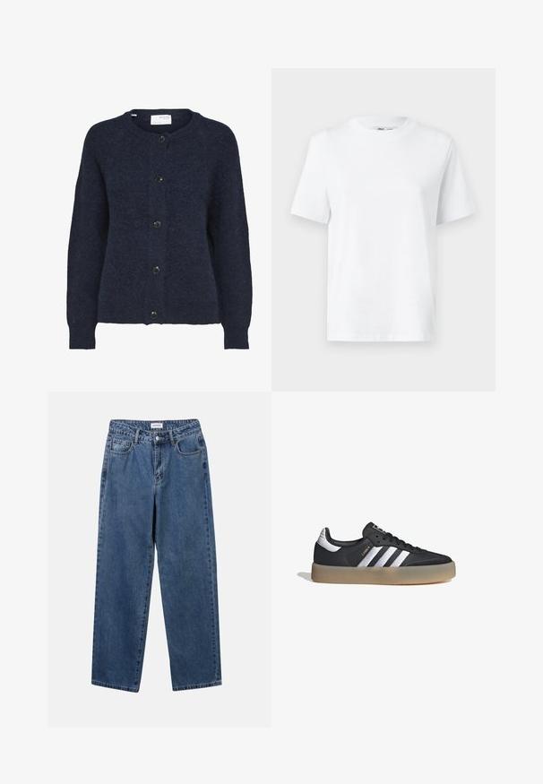 Cárdigan de punto azul marino con mangas largas y cinco botones negros en la parte delantera, con cuello redondo.; Camiseta de algodón blanca de cuello redondo con mangas cortas y una textura suave. Diseñada con un ajuste relajado para mayor comodidad y versatilidad.; Jeans de mezclilla azul clásico con un diseño de pierna recta, cinco bolsillos y cierre de botón. Presenta un lavado medio y una textura resistente.; Zapatilla deportiva de cuero negro con tres rayas plateadas, punta texturizada y suela de goma. Cuenta con un collar acolchado y un diseño con cordones.