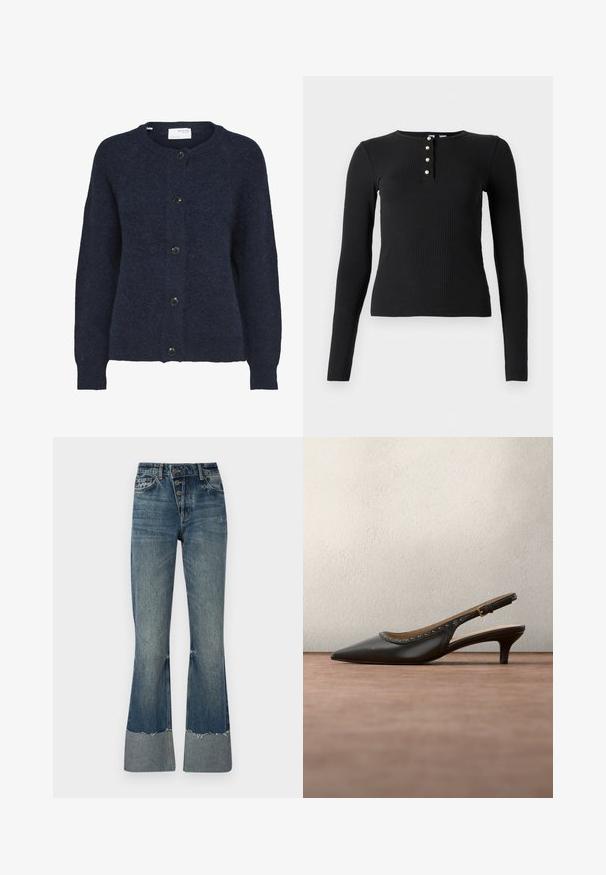 Cárdigan de punto azul marino con mangas largas y cinco botones negros en la parte delantera, con cuello redondo.; Top negro de manga larga con canalé que presenta un escote redondo y una tapeta de cinco botones con pequeños botones de color claro. Textura suave y diseño ajustado.; Jeans de mezclilla acampanados en azul medio con cintura alta, cinco botones y dobladillo deshilachado. Presentan un puño más claro en la parte inferior y una textura desvanecida.; Zapato slingback de cuero negro con punta puntiaguda, detalles en tachuelas doradas a lo largo del borde y un tacón modesto. Textura suave y diseño elegante.