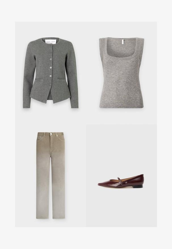 Cardigan en tricot gris avec un col rond, fermeture à boutons sur le devant, deux poches latérales et une coupe ajustée.; Débardeur gris sans manches en maille côtelée avec un décolleté carré et une silhouette ajustée, présentant une texture lisse et une légère élasticité.; Jean beige droit avec fermeture bouton et zip, poches avant et passants pour ceinture, présenté sur un fond blanc uni.; Chaussure plate en cuir verni bordeaux avec un bout pointu et une sangle décorative sur le cou-de-pied. Présente un petit talon noir.