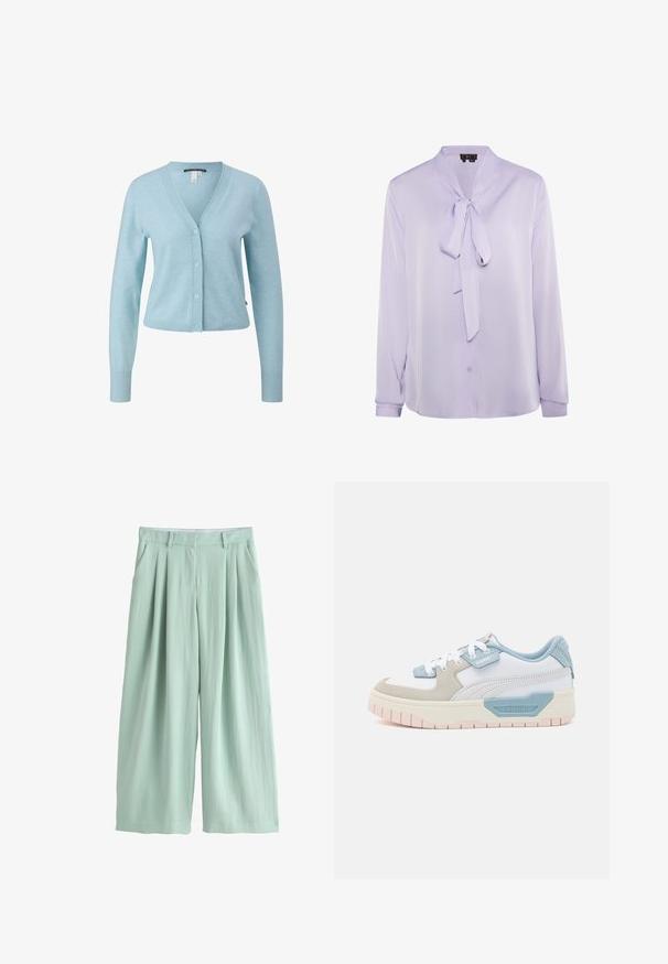 Cardigan bleu clair en matériau doux, avec un col en V, fermeture à boutons, poignets côtelés et une coupe courte.; Blouse lavande avec un col à nouer, manches longues et fermeture à boutons. Tissu lisse avec un léger éclat, présentant des détails de conception minimalistes.; Pantalon large vert clair avec plis, poches latérales, passants de ceinture et fermeture éclair dissimulée à l'avant.; Baskets avec une tige en cuir blanc, des accents bleu clair, des panneaux en suède beige et une semelle en caoutchouc rose texturée ; logo brodé sur le côté.