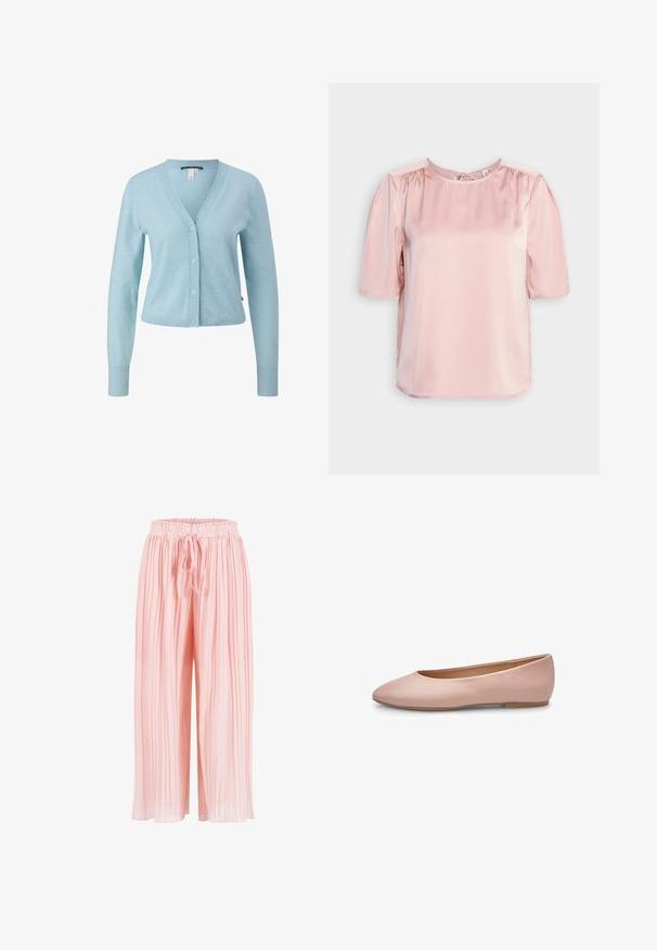 Cardigan bleu clair en matériau doux, avec un col en V, fermeture à boutons, poignets côtelés et une coupe courte.; ONLY ONLESTA - Blouse - rose smoke; Pantalon ample rose clair avec tissu plissé et taille élastique avec lien à nouer à l'avant.; Ballerine plate en cuir rose avec un bout pointu, une texture lisse, des accents minimaux et une semelle solide marron clair. Design simple, sans ornements.