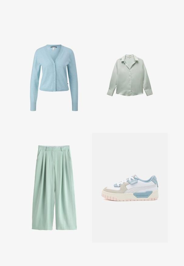Cardigan bleu clair en matériau doux, avec un col en V, fermeture à boutons, poignets côtelés et une coupe courte.; Blouse vert clair à manches longues en tissu doux. Avec un col classique et des boutons sur le devant, elle possède des manches à poignet.; Pantalon large vert clair avec plis, poches latérales, passants de ceinture et fermeture éclair dissimulée à l'avant.; Baskets avec une tige en cuir blanc, des accents bleu clair, des panneaux en suède beige et une semelle en caoutchouc rose texturée ; logo brodé sur le côté.