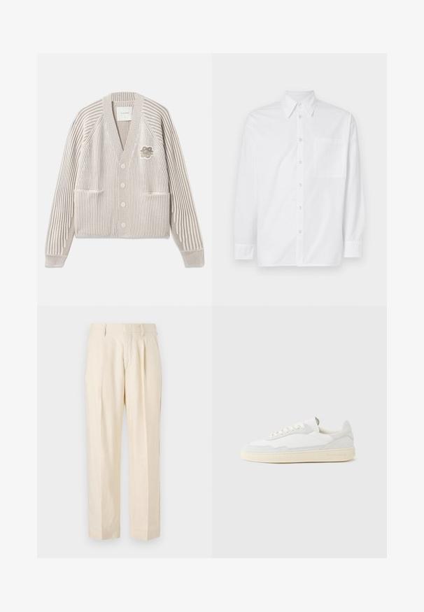 Cardigan en tricot rayé beige et blanc avec des manches longues, des boutons sur le devant, deux poches et une petite patch fleur sur la poitrine.; Chemise blanche à manches longues en coton. Elle possède un col classique, une fermeture à boutons sur le devant et une poche poitrine simple du côté gauche.; NN.07 KAY - Pantalon classique - off white; Baskets blanches avec dessus en daim et cuir texturé. Caractérisées par un bout arrondi, une fermeture à lacets et une semelle en caoutchouc beige contrastante.