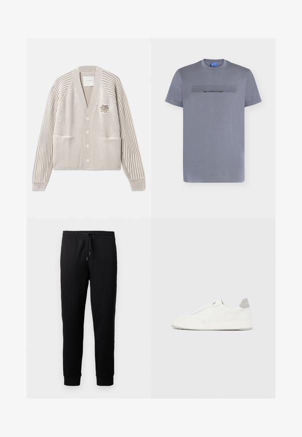 Beige en wit gestreepte gebreide cardigan met lange mouwen, knopen aan de voorkant, twee zakken en een kleine bloemenpatch op de borst.; Grijs T-shirt met korte mouwen en ronde hals met de tekst "KARL LAGERFELD JEANS" en horizontale lijnen over de borst.; Zwarte joggingbroek gemaakt van zachte stof met een elastische tailleband en trekkoord. Heeft taps toelopende pijpen met ribbenboorden.; Witte lage sneaker met grijze hielpatch, witte veters en een gestructureerde zool, gepresenteerd op een effen lichte achtergrond.